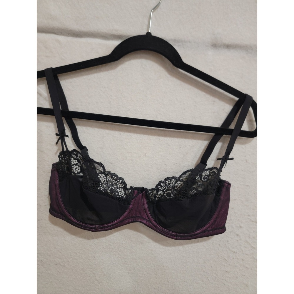 Vintage Fredericks of Hollywood 36D Bra Purple Satin Black Lace Goth Boudoir